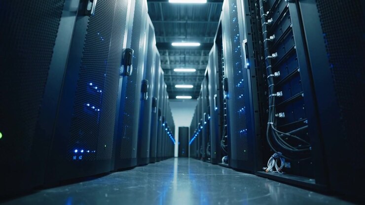 Dolly rolling down central server aisle in data center, revealing blue LEDs and bundled cables