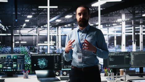 data center manager showcasing ai technology, filming presentation video