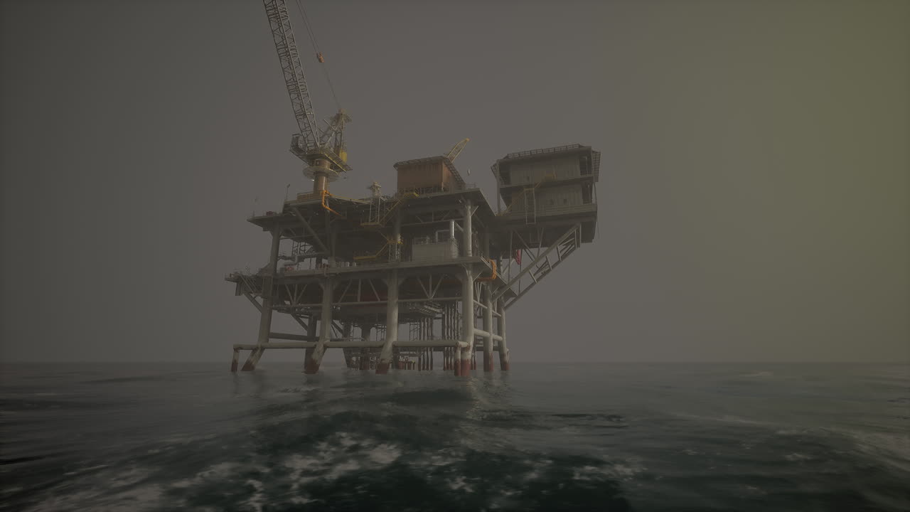 Olieplatform til havs i tåget vejr