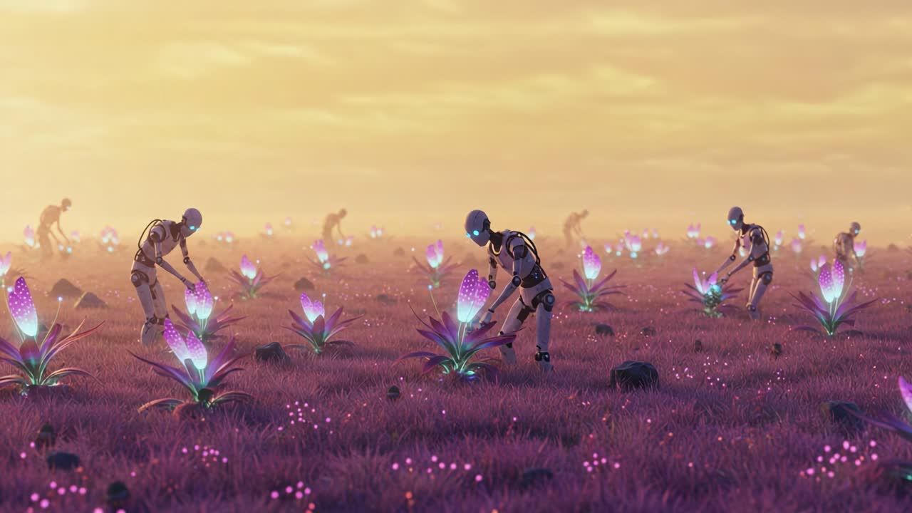 In a stunning, otherworldly landscape, robotic beings diligently cultivate vibrant alien flora, showcasing the harmony between technology and nature in a surreal environment