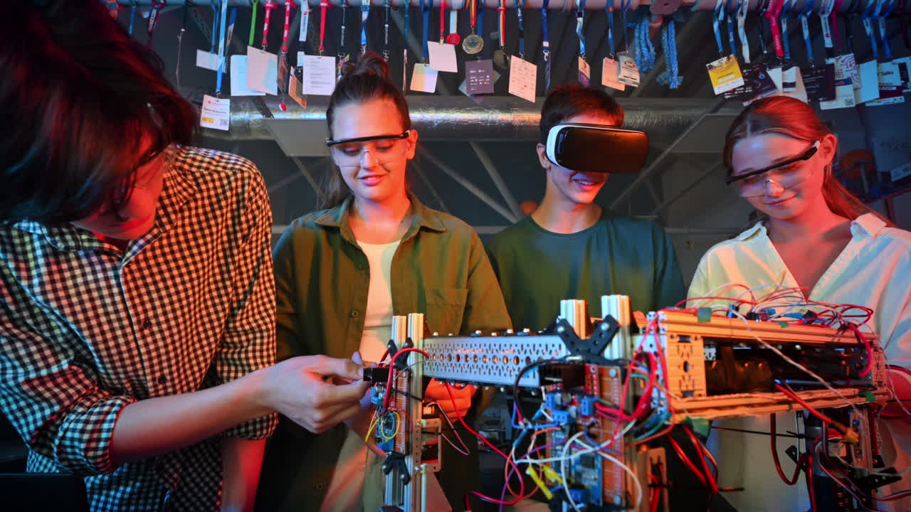 Group of teens doing experiments in robotics in a laboratory. Boys and girls in protective and VR glasses working with a robot. Red and blue illumination