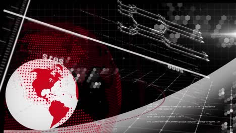 animation of computer language, circuit board pattern and changing numbers with dots around globe