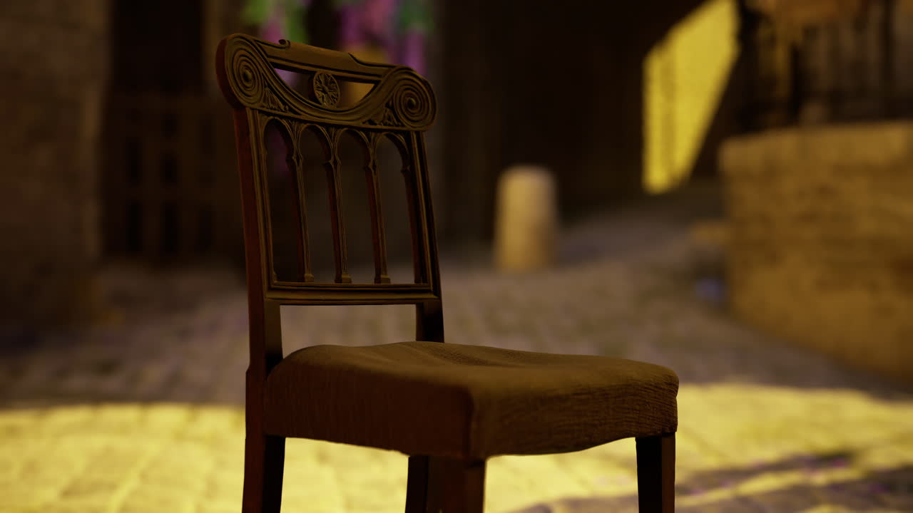 Wooden chair placed on cobblestone street in bright evening light