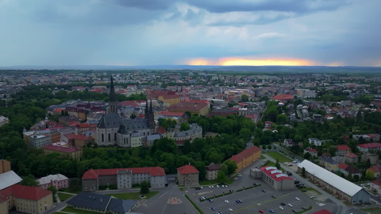 Sunset over the city of Olomouc. A lucrative, vibrant city in the Czech Republic with a historic quarter. Drone view