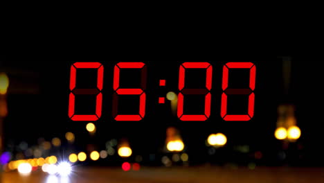 Animation of red digital timer changing with traffic lights on black background