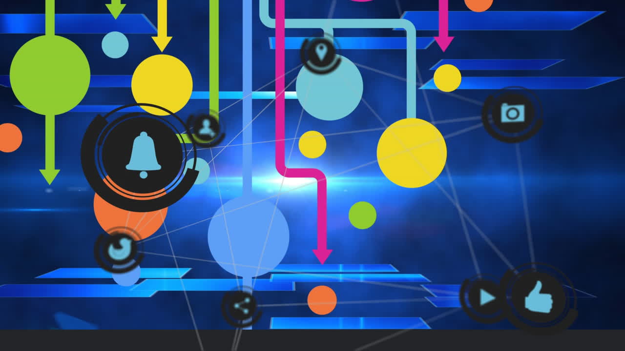 animación de iconos digitales a través de una red de conexiones sobre fondo azul