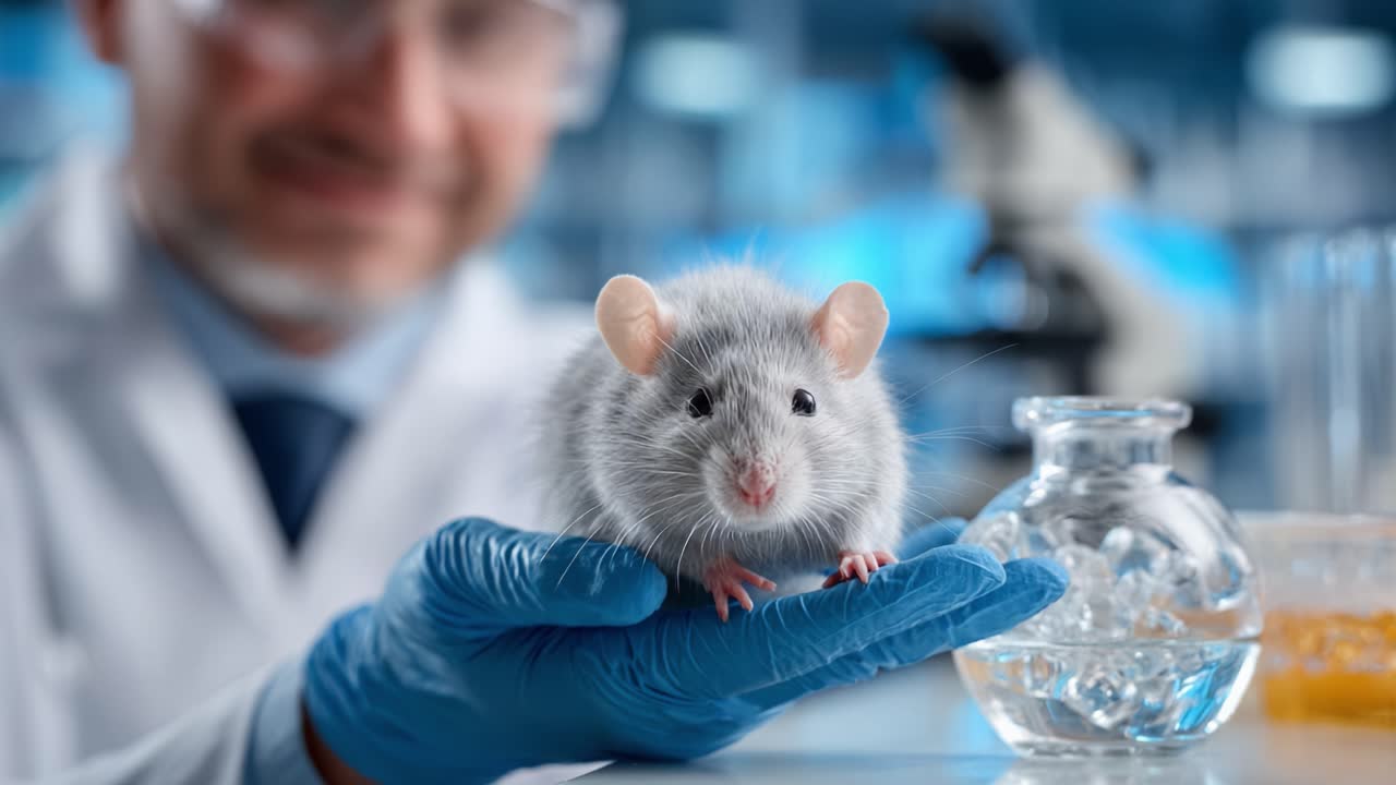 A researcher holds a gray laboratory mouse in gloved hands, showcasing the importance of animal models in scientific research, with equipment in the background