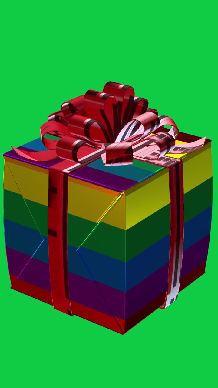 Scatola regalo 3D rotante con bandiera arcobaleno LGBTQ per il mese del Pride su schermo verde per il chroma key