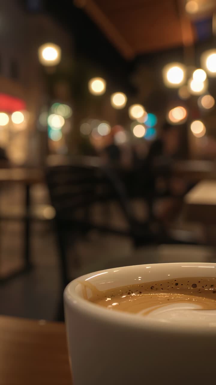 Video verticale: luci pulsanti che inquadrano una tazza di caffè sul tavolo con persone sullo sfondo, spazio per il testo