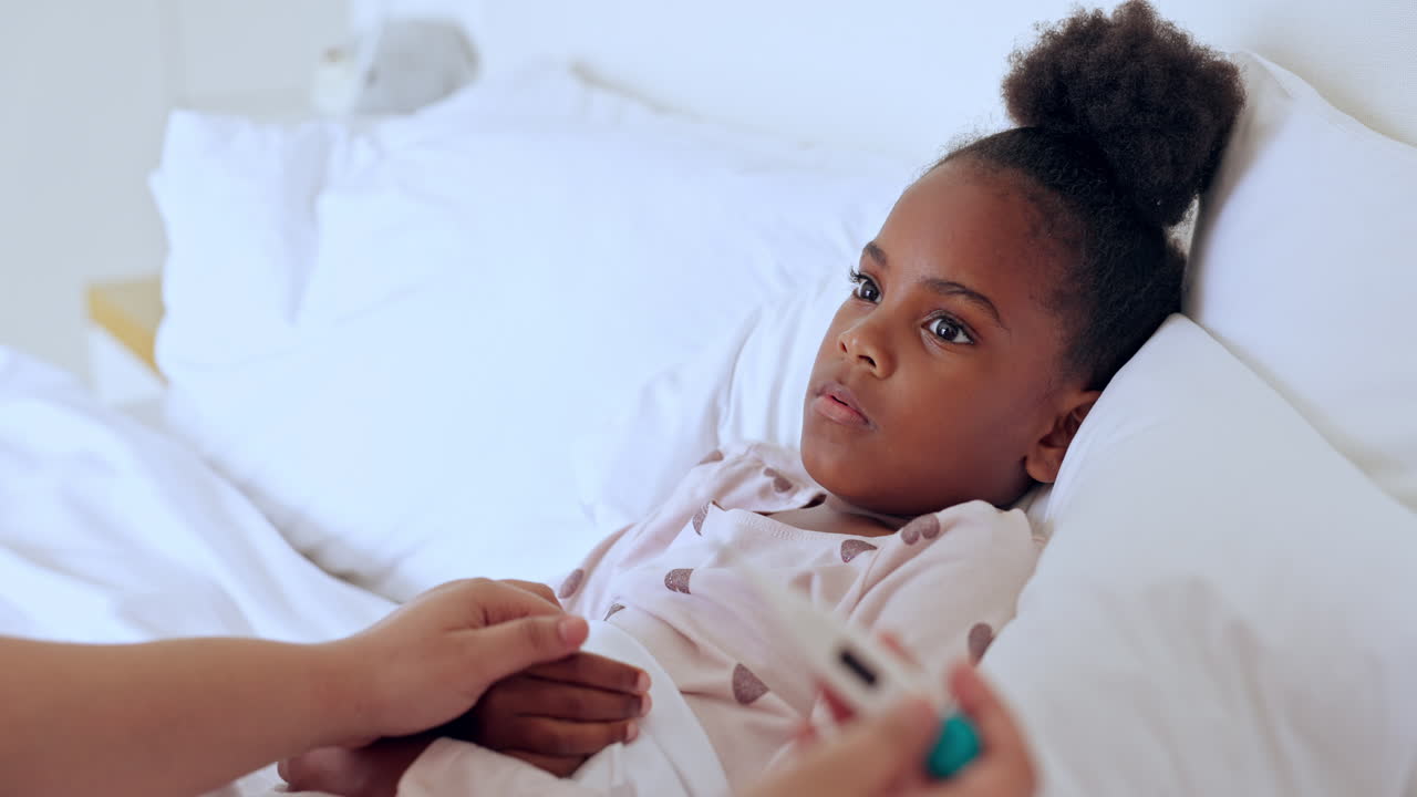 Health, hand or girl child with thermometer to