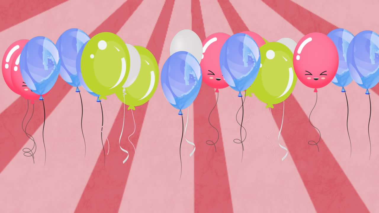 animación de globos de colores volando sobre un fondo rosado