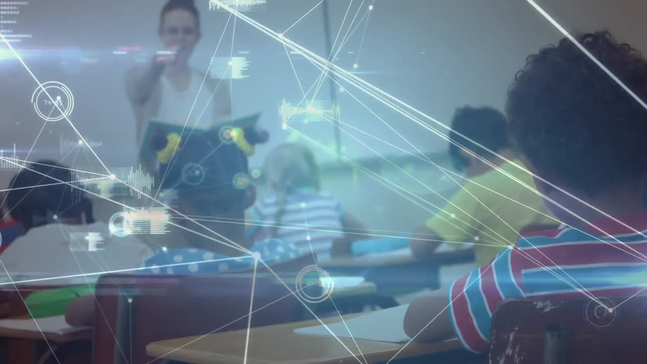 다양한 학교 학생과 교사에 대한 데이터 처리에 대한 연결 네트워크의 애니메이션.