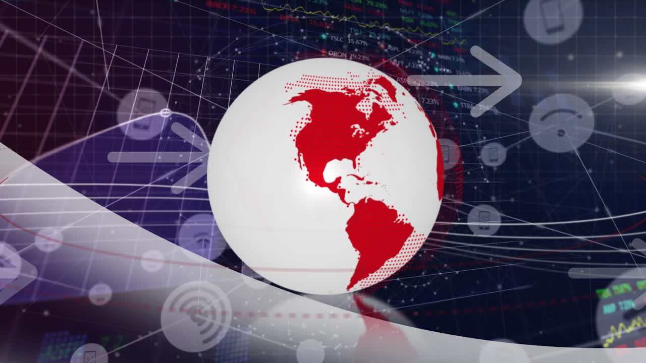 animación de flechas, redes, procesamiento de datos y globo.