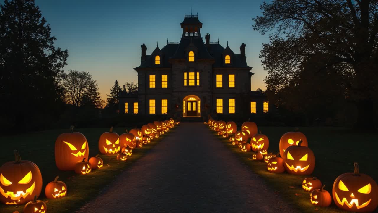 A Spooky Halloween Evening: Illuminated Jack-o'-Lanterns Lining the Pathway to an Eerie Mansion Under a Darkening Sky
