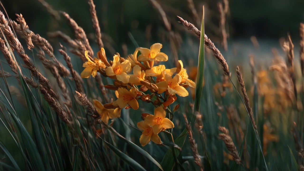 Fiori Gialli Vibranti tra Erbe Dorate nella Morbida Luce della Sera, Catturando l'Essenza della Bellezza della Natura in un Paesaggio Sereno