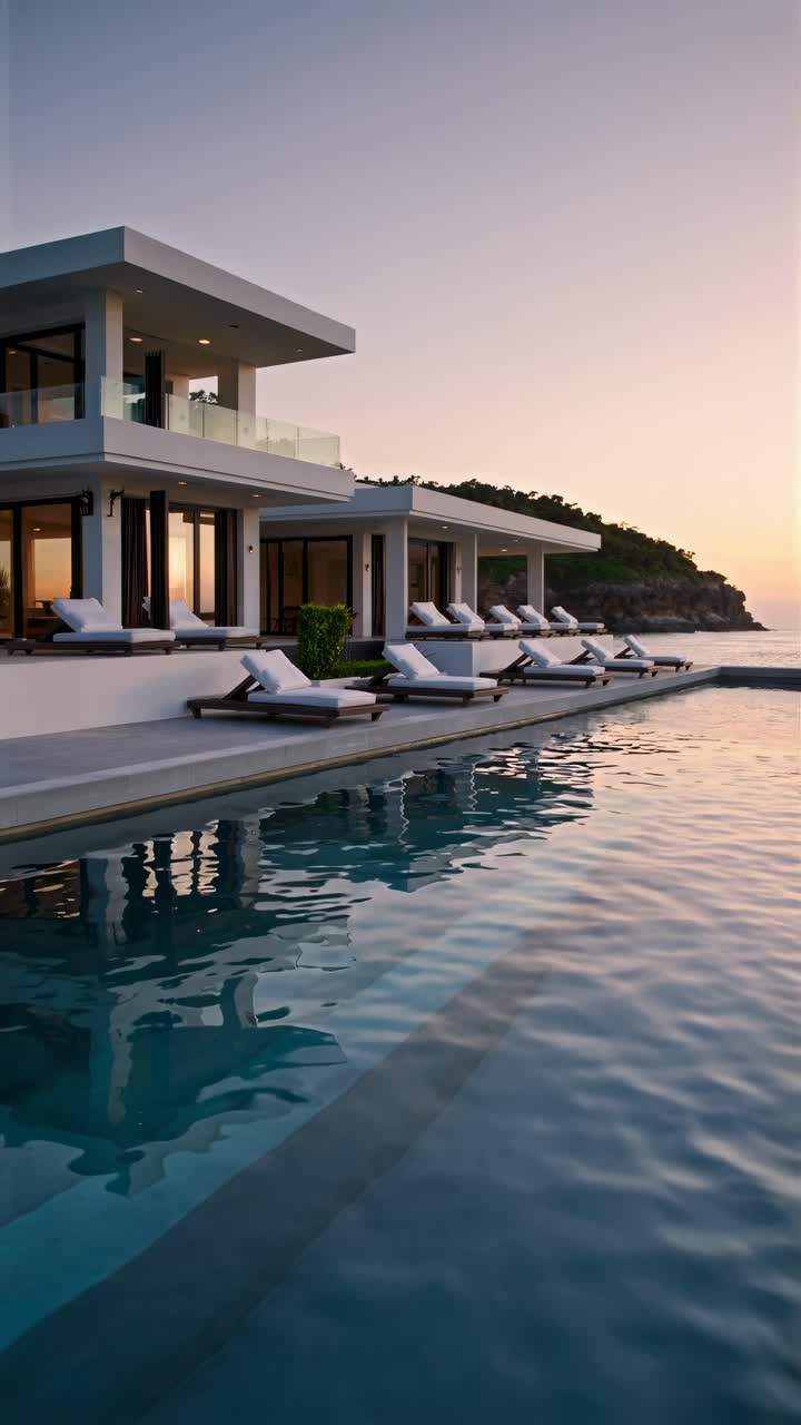 Luxurious modern villa with infinity pool at sunset, captured from a low angle