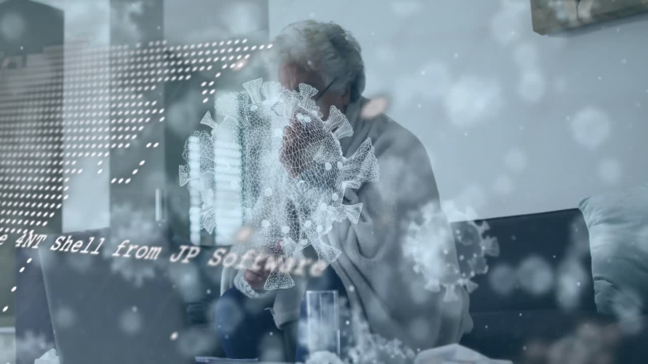 animación de células de covid y mapa del mundo sobre una anciana enferma usando una computadora portátil en casa