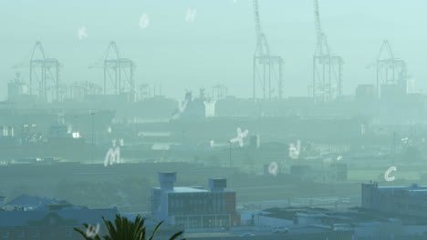 animation of multiple alphabets falling against aerial view of cityscape