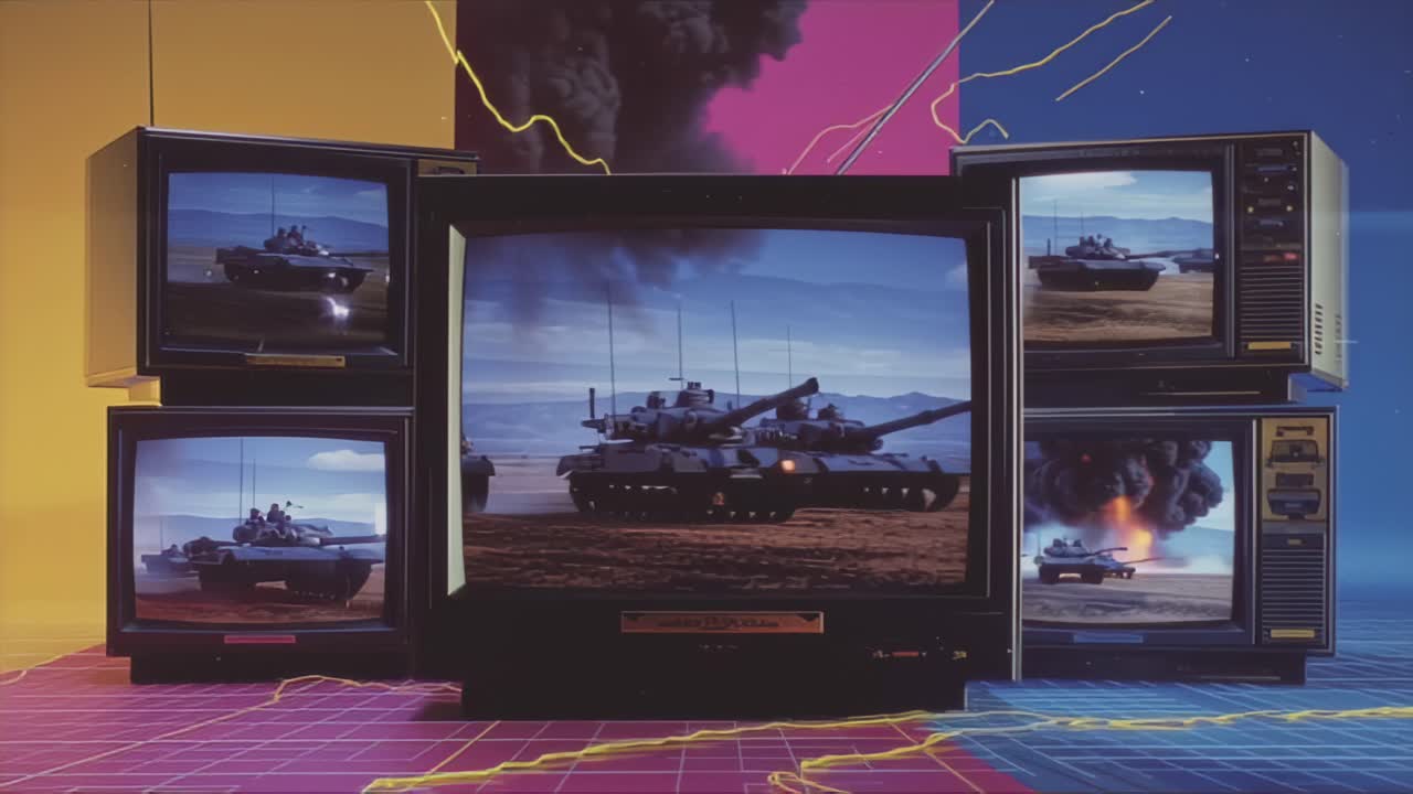 Vintage CRT TV monitors display military tank footage with smoke and explosions, creating a retro media wall concept for war news, propaganda, and broadcast history