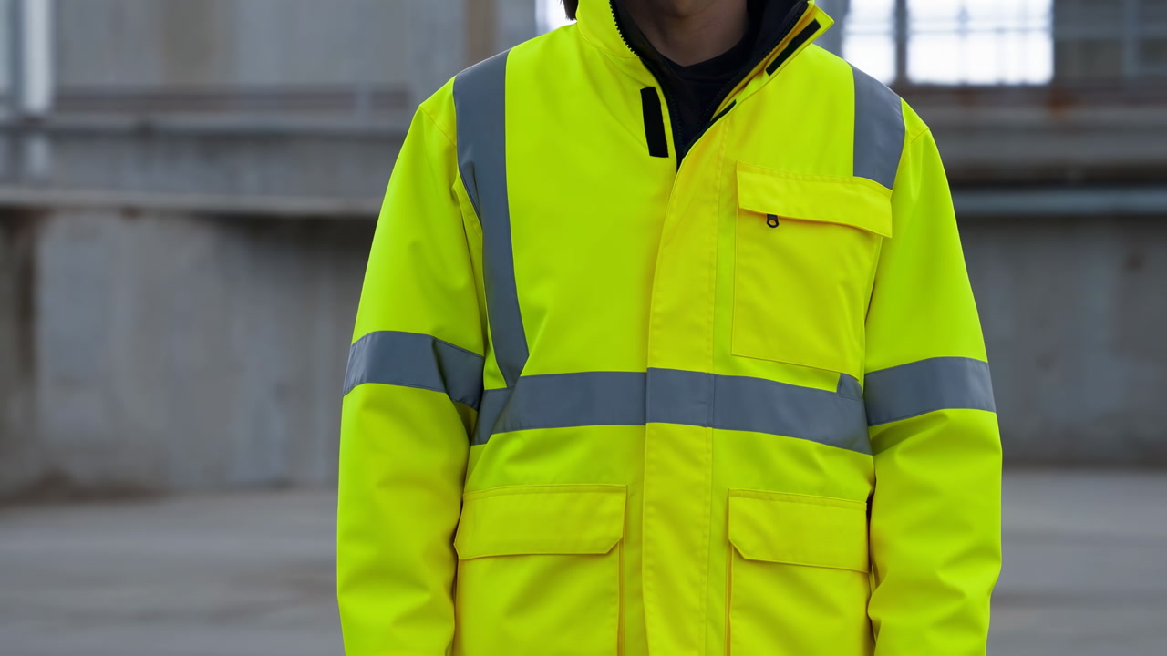 High Visibility Yellow Jacket On Worker In Industrial Warehouse Setting, Reflective Stripes Across Chest