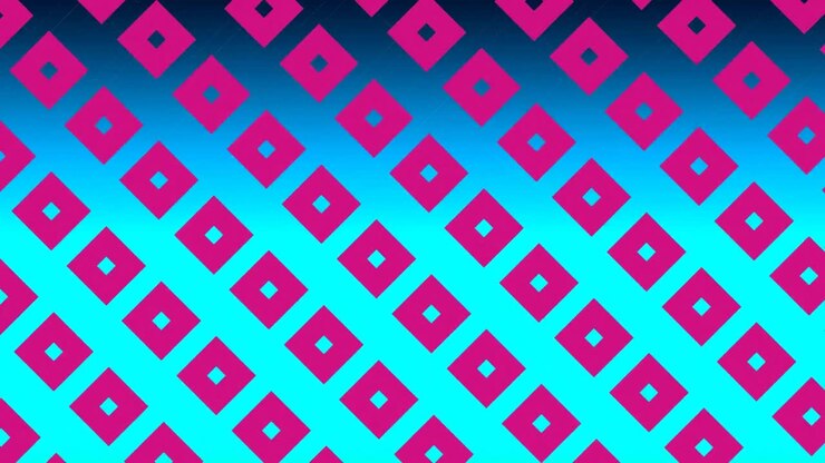 Enlarging squares on blue background with colourful stripes passing in foreground