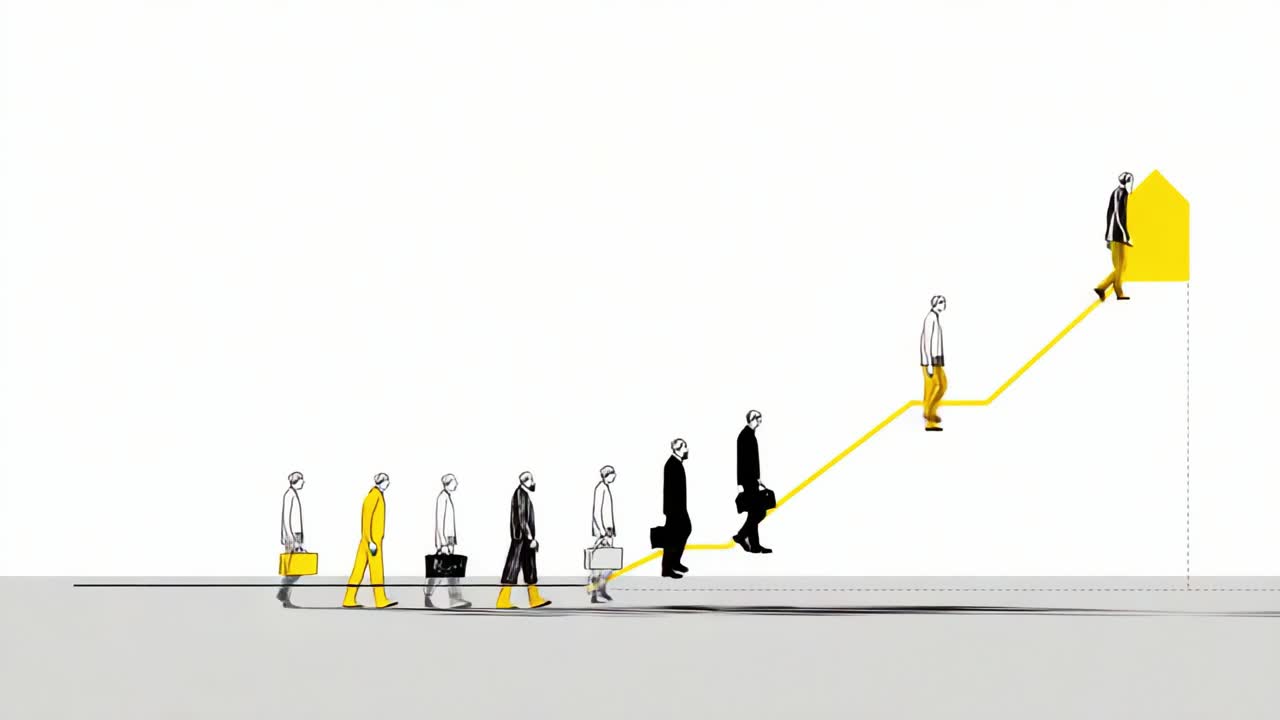 A Journey of Progress: Illustrating the Path to Success Through Simple Characters Traversing an Ascending Yellow Road, Depicting Growth and Achievement in Modern Life
