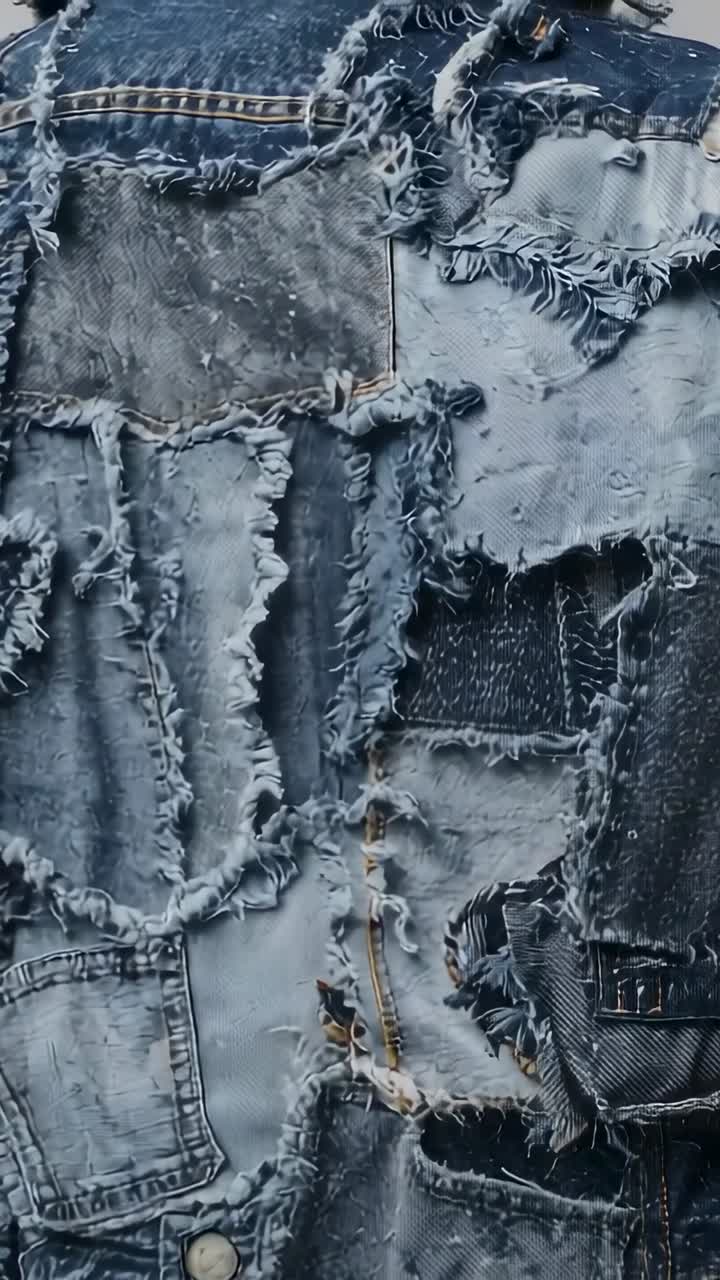 Video verticale: inclinazione della camera che rivela il retro di una giacca di jeans consumata su una parete semplice, mettendo in mostra le cuciture