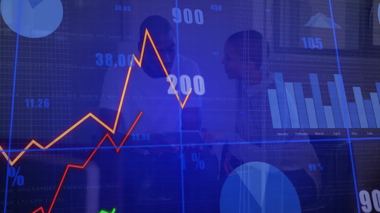 Man and woman collaborating at desk in finance office, overlaying line graph and floating numbers