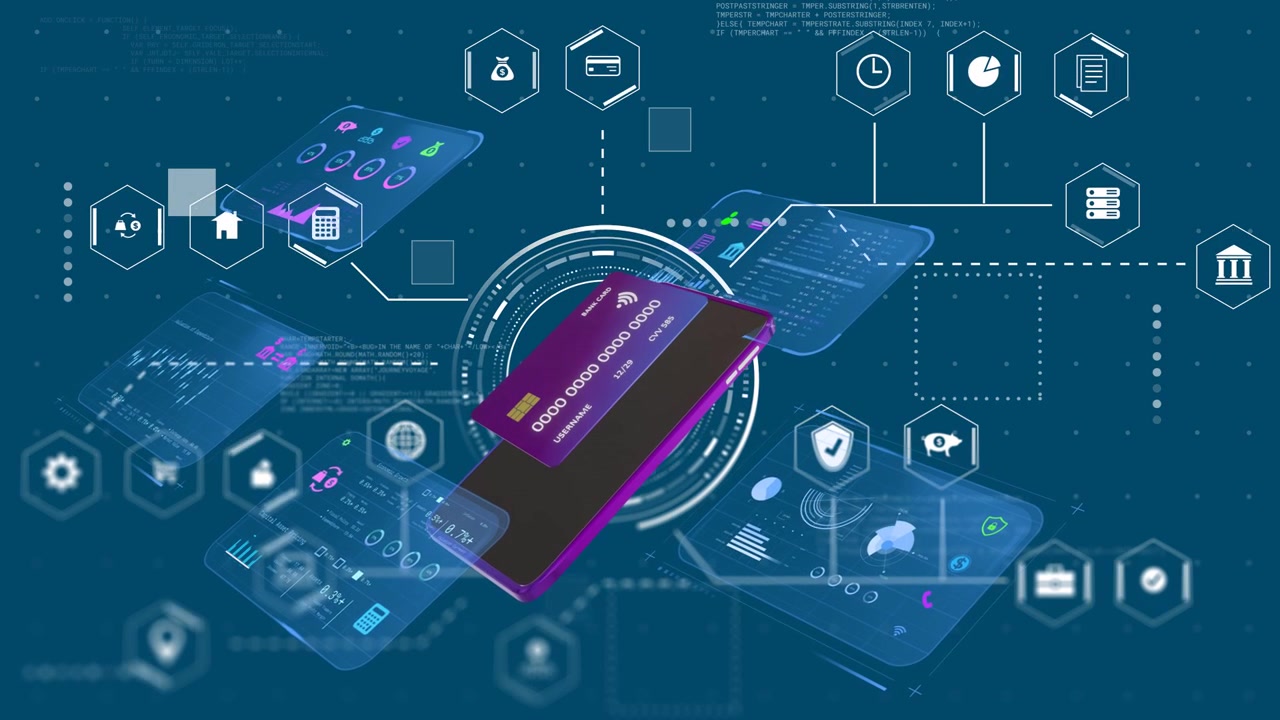 Payment card appearing smartphone and card floating, HUD forming and panels assembling into network