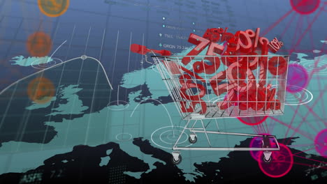 animation of shopping trolley and statistics over world map