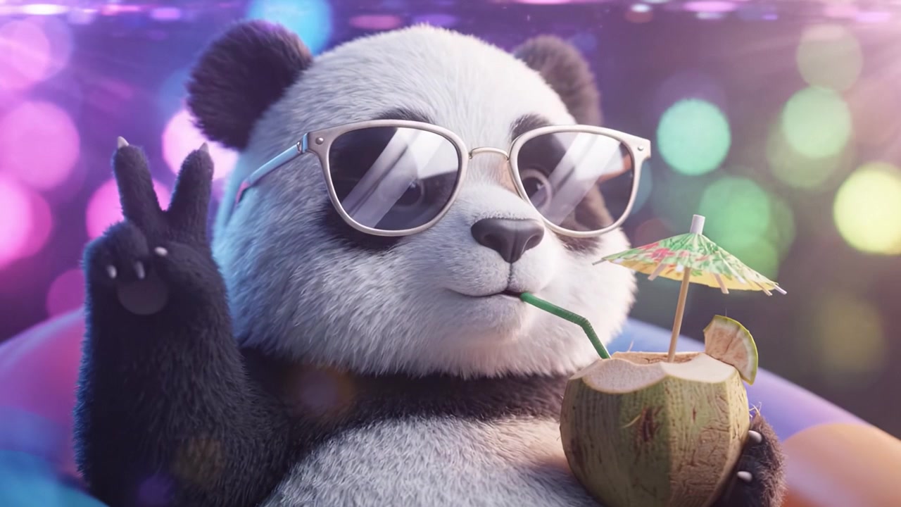 Panda rilassato che si gode una giornata di relax con occhiali da sole e una bevanda al cocco, circondato da luci bokeh colorate.