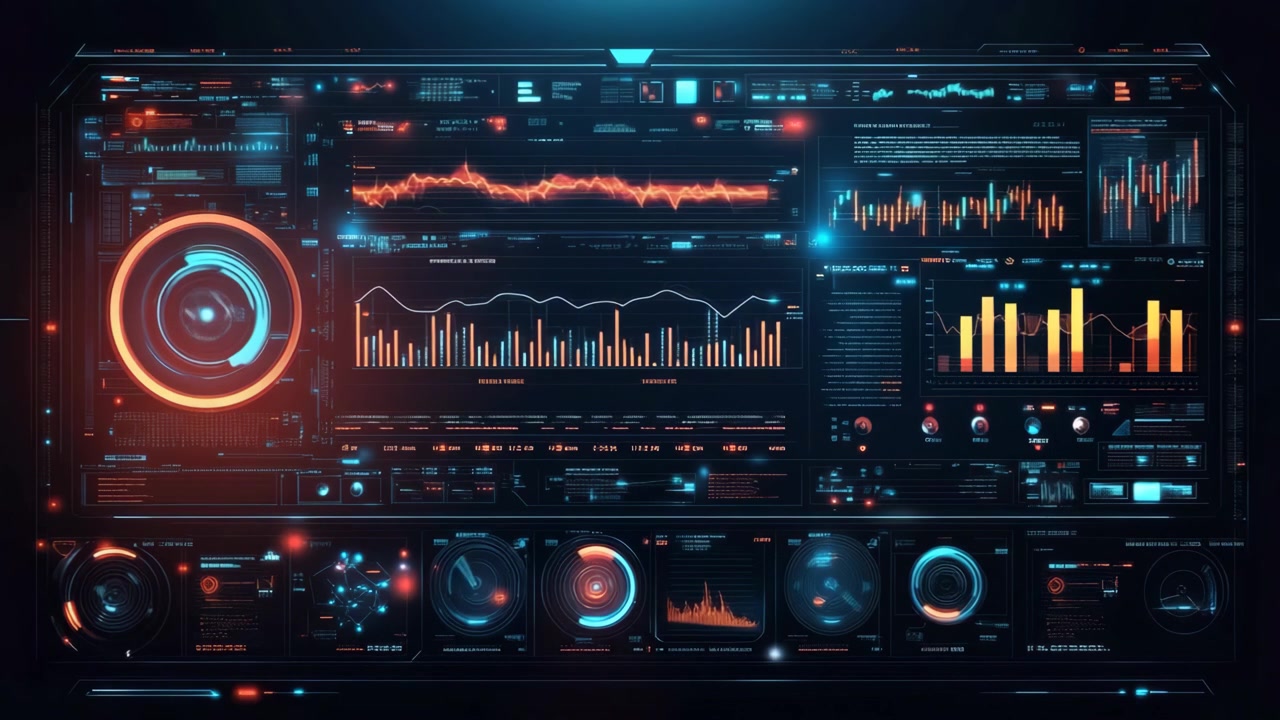 Futuristic HUD Display with Dynamic Data Visualization and Graphs