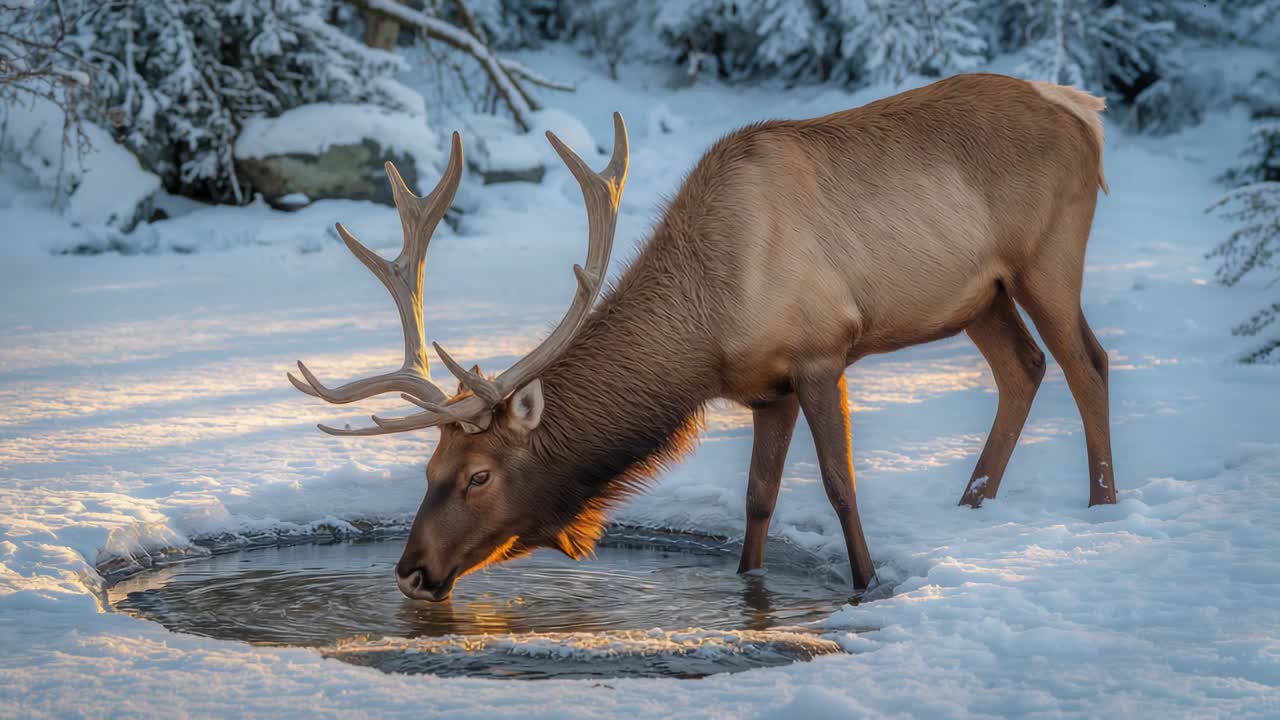 Drinking bull elk lowering into thawed pool at snowy edge, lifting head, dripping, antlers sunlit