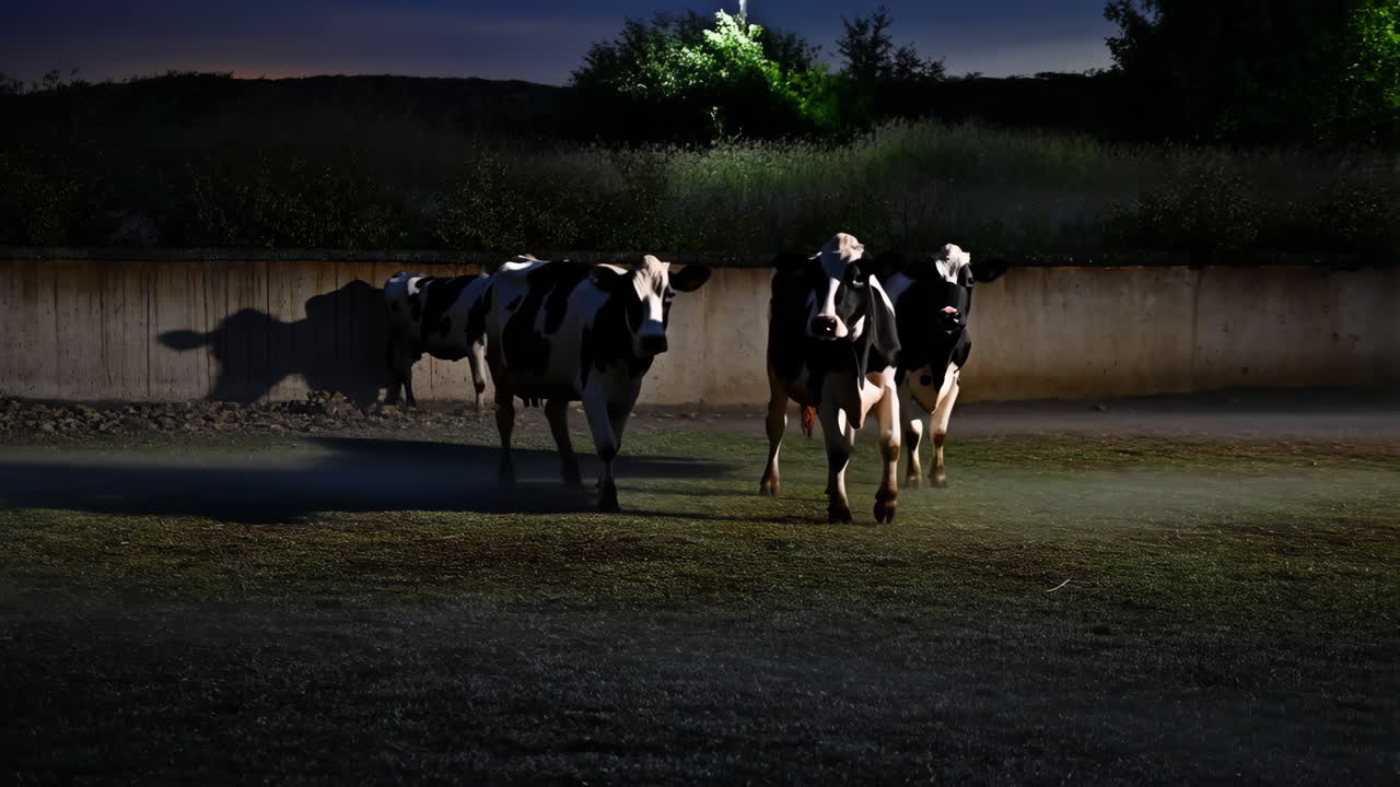 Cows standing in a foggy enclosure at night