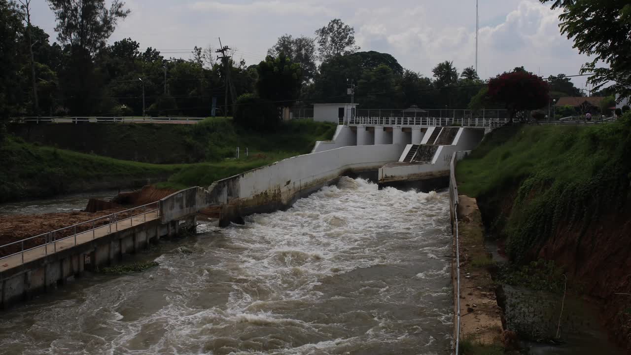 4K of Raging Rainwater Rushing Out from an Overflowing Dam in Thailand