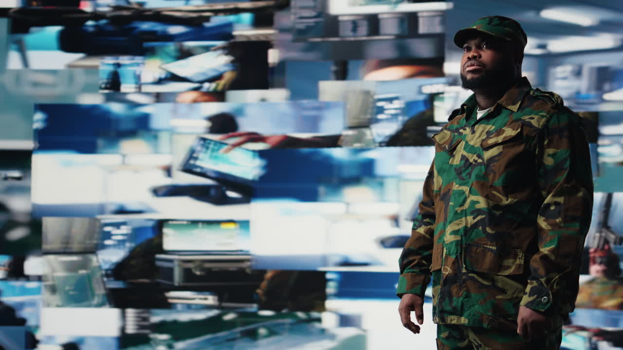 African american military soldier engaged in tactical command