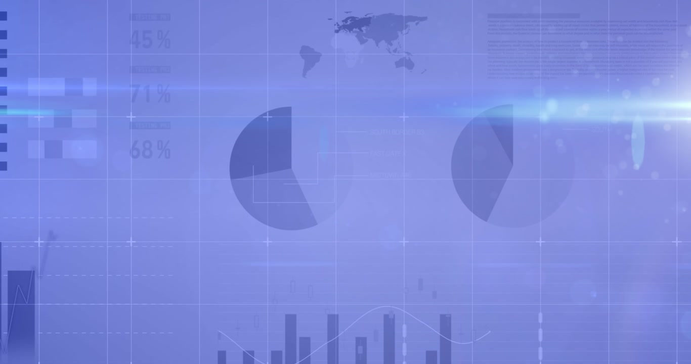 Animation of data processing and light spots over blue background