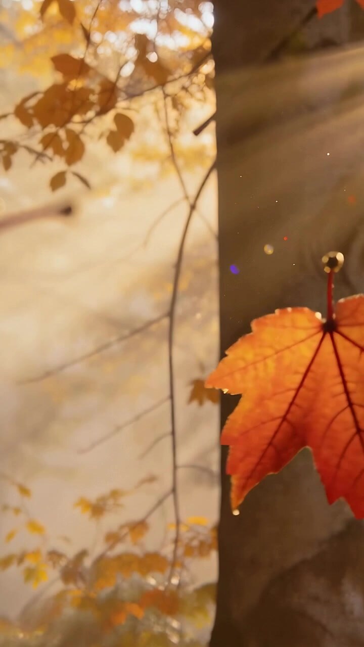 Pystyvideo: Varressa oleva punainen vaahteranlehti pyörii tuulessa ja kimaltelee auringonsäteissä lähellä puun runkoa