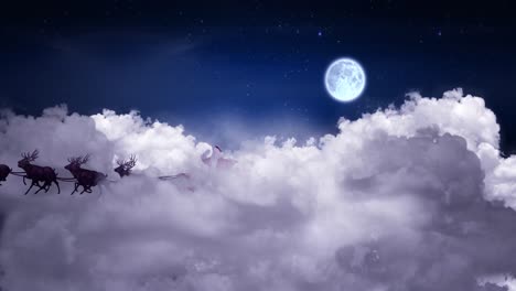 Animación-De-Navidad-Santa-Claus-En-Trineo-Con-Renos-Sobre-Nubes-Y-Luna-Llena