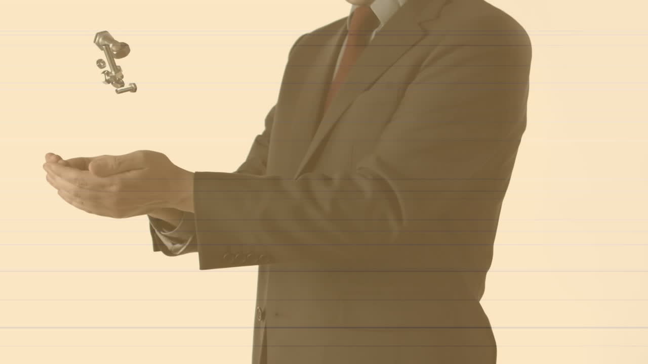 밝은 오렌지색 배경 에 견과류 와 볼트 를 던지고 잡는 사업가 의 애니메이션