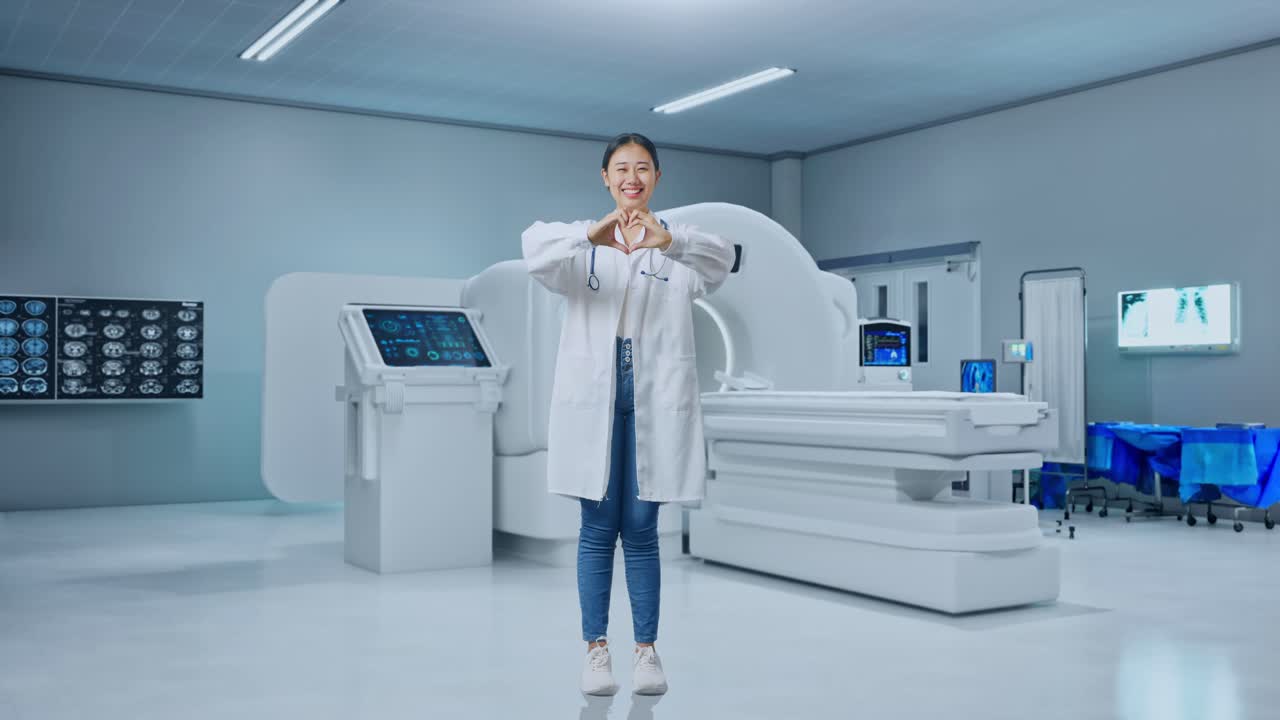 Full Body Of Asian Woman Doctor With Stethoscope Making Heart Gesture And Smiling With Mri Machine In The Hospital
