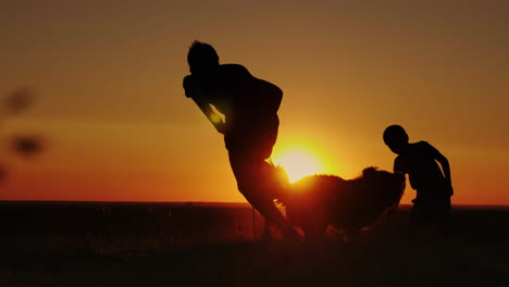 Zwei-Jungs-Spielen-Bei-Sonnenuntergang-Mit-Einem-Schäferhundwelpen