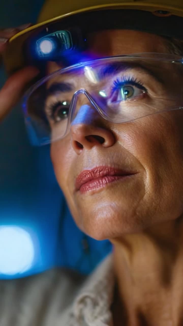 Focused industrial worker with safety gear, wearing a helmet and protective eyewear, contemplating tasks in a dimly lit environment with blue lighting effects