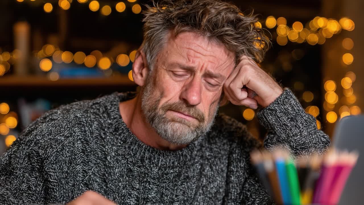 Un Uomo Pensieroso con un Maglione Accogliente Fissa uno Schermo, Incarnando Sentimenti di Incertezza e Introspezione su uno Sfondo Caldo e Soffusamente Illuminato