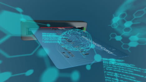 animación del procesamiento de datos médicos a través de la tarjeta atm en la ranura de la máquina atm contra un fondo azul