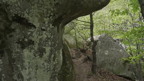 drone flying-through the boulders and forest of belintash in asenovgrad, in plovdiv province, bulgaria