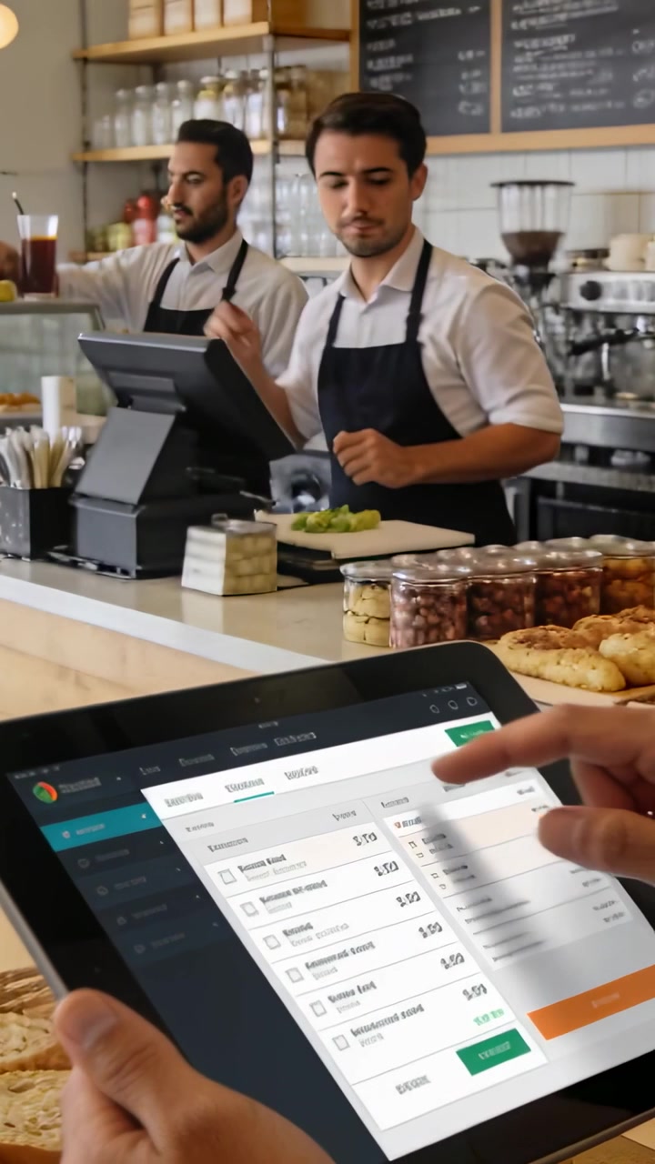 Vertikal video: Trykker på tablet for at bekræfte ordre på café, personale i skjorter og forklæder laver drikkevarer.