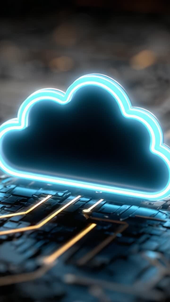 A Dynamic Visual Display of a Neon Cloud Icon Illuminating a Circuit Board, Representing Digital Connectivity and Cloud Technology in Modern Computing Environments