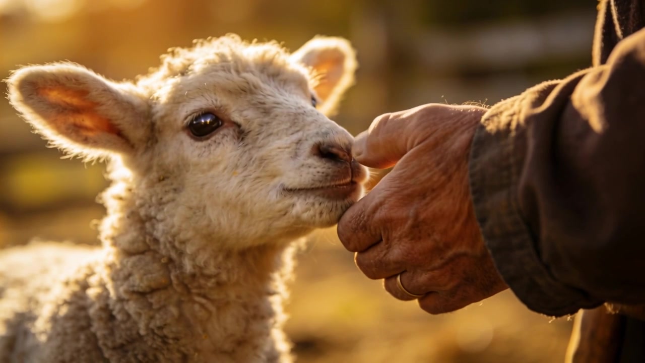 Dito teso di una persona che invita un agnello ad annusare e mordicchiare in un recinto agricolo, anello e giacca.