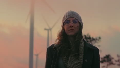 blonde millennial woman in beanie, glasses, scarf takes peaceful walk near wind turbines in portuguese mountains, enjoying sunset and surroundings. concept of renewable energy, nature, and self-care.